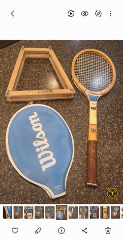 Wilson Chris Everett Staff Advisory model vintage wood tennis racket with blue case and wood protector frame