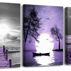 3-Piece Purple Moonlight Canvas Wall Art – Seascape Ocean Pier Boat Scene 