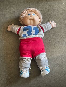 Cabbage Patch Kids Boy Doll Blue Eyes Blonde Curly Hair Outfit Shoes Signed