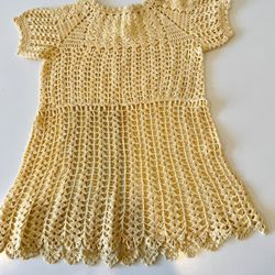 Vtg Toddler Girls Hand Crocheted 1960s Dress Yellow 17” Long 11” Across 