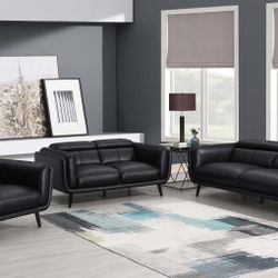 3 PIECE BLACK LEATHERETTE TRACK ARMS LIVING ROOM SEATING SET-JUEGO DE SILLONES