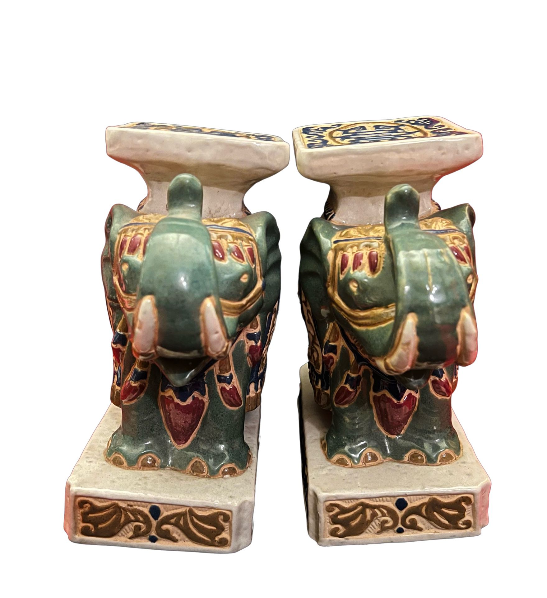 💕  Vintage NEW SET of 2  (PAIR) Small Asian Ceramic Glazed Green Blue Red White ELEPHANT Statue, Plant Stand, Bookend 💕 