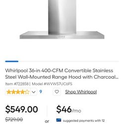 Whirlpool Range Hood 36in Stainless Steel