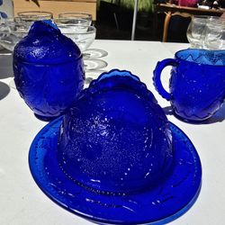 Antique EAPG Embossed Delaware Cobalt Blue Glass Set