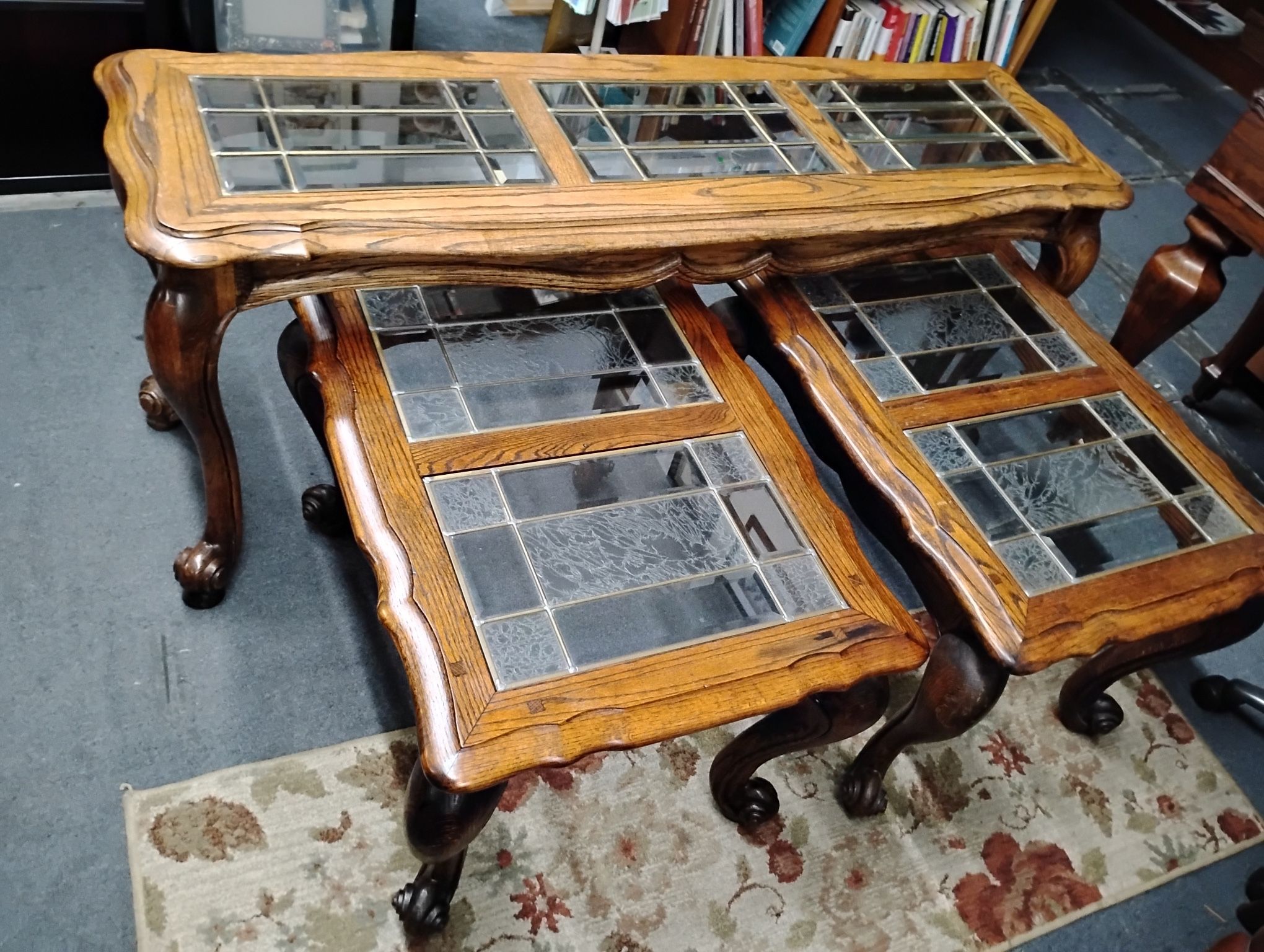 Matching wood and beveled glass end tables