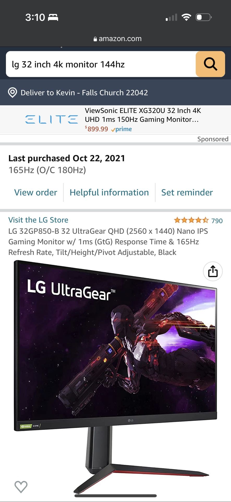LG 32GP850-B 32 UltraGear QHD (2560 x 1440) Nano IPS Gaming Monitor w/ 1ms (GtG) Response Time & 165Hz Refresh Rate, Tilt/Height/Pivot Adjustable, Bla