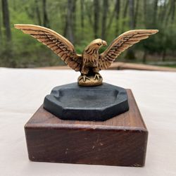 Vintage Cast Iron  Eagle Ashtray  on wood base- 1950s 
