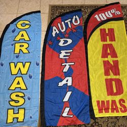  Car Wash Auto Detail 100% Hand Wash Package of 3 Advertising Feather Banner Swooper Flag Kits with Ground Spikes 