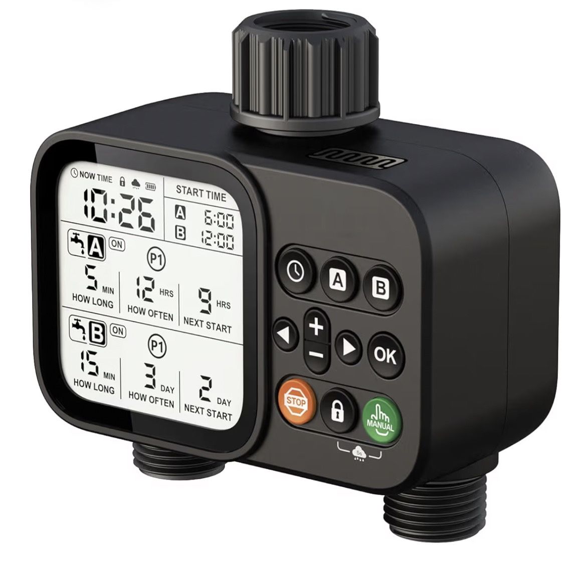 2 Zone Sprinkler Timer for Garden Hose, 8 Programmable Hose Water Timer with Auto Rain Delay, 3.3“ Large LCD Display Digital Irrigation System for Pla