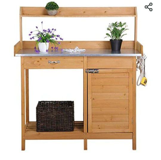 Outdoor Garden Potting Bench Table Work Bench Metal Tabletop W/Cabinet Drawer Open Shelf Natural Wood

