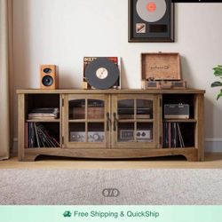 TV Stand For 65 Inch TV, Wood Entertainment Center With Glass Door Storage Cabinet & Adjustable Shelves, Large Sturdy TV Console Table For Living Room