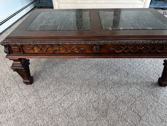 Carved Wood Coffee Table with Black Marble Top
