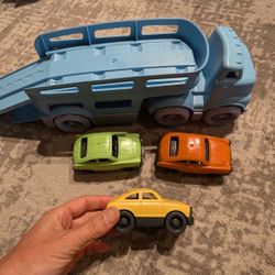 Green Toys Car Carrier, Blue - Pretend Play, Motor Skills, Kids Toy Vehicle. 4 cars