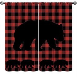 Plaid Bear Blackout Curtains Rustic Red Black Buffalo Plaid Bear Silhouettes Vintage Farmhouse Wildlife Art Print for Bedroom Living Room Bathroom Dec