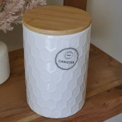 NEW 6" x 4" White Ceramic Canister With Bamboo Lid