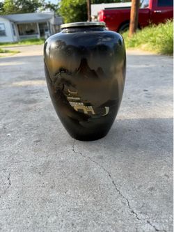 Vintage Mid-Century Japanese Chokin Mixed Metal Vase - Etched Pagoda & Mountain