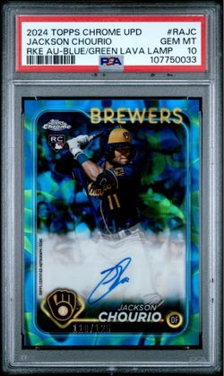 2024 Topps Chrome Update JACKSON CHOURIO RC AUTO Blue Green Lava /125 PSA 10