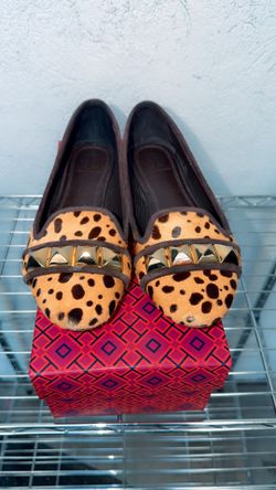 Womens TORY BURCH pony hair leather smokey flats w/ studs Size 7