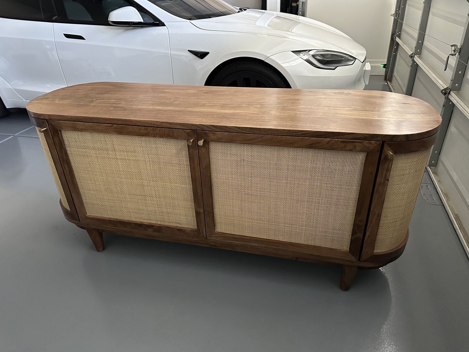 Daphne Mid Century Acacia Wood Woven Cane Rattan 4 Door Media