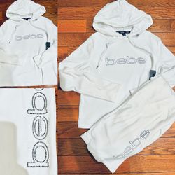 Bebe NWT Y2K white Velour rhinestones ICONIC Logo Bling hooded loungewear set XL