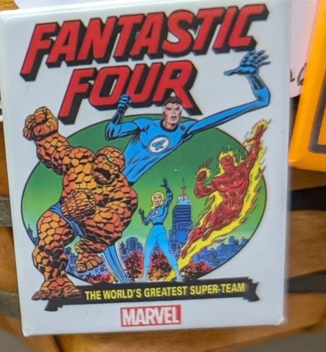 Fantastic Four Rectangular Pinback with Human Torch, Sue Storm, Reed Richards