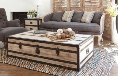 Rustic Industrial Trunk Coffee Table – Wood & Metal Studded Trim