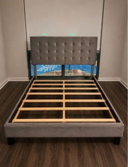 Gray Upholstered Platform Bed Frame with Headboard