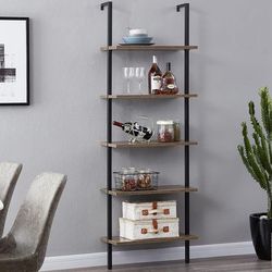 SUPERJARE Industrial Ladder Shelf, 5-Tier Wood Wall-Mounted Bookcase with Stable Metal Frame ⭐NEW IN BOX⭐