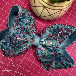 Sparkly Blue Sequin Hair Bow for Girls - Large Glitter Bow with Alligator Clip,