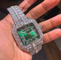$135 Emerald Green Iced-Out Luxury Watch – Full Crystal Bracelet