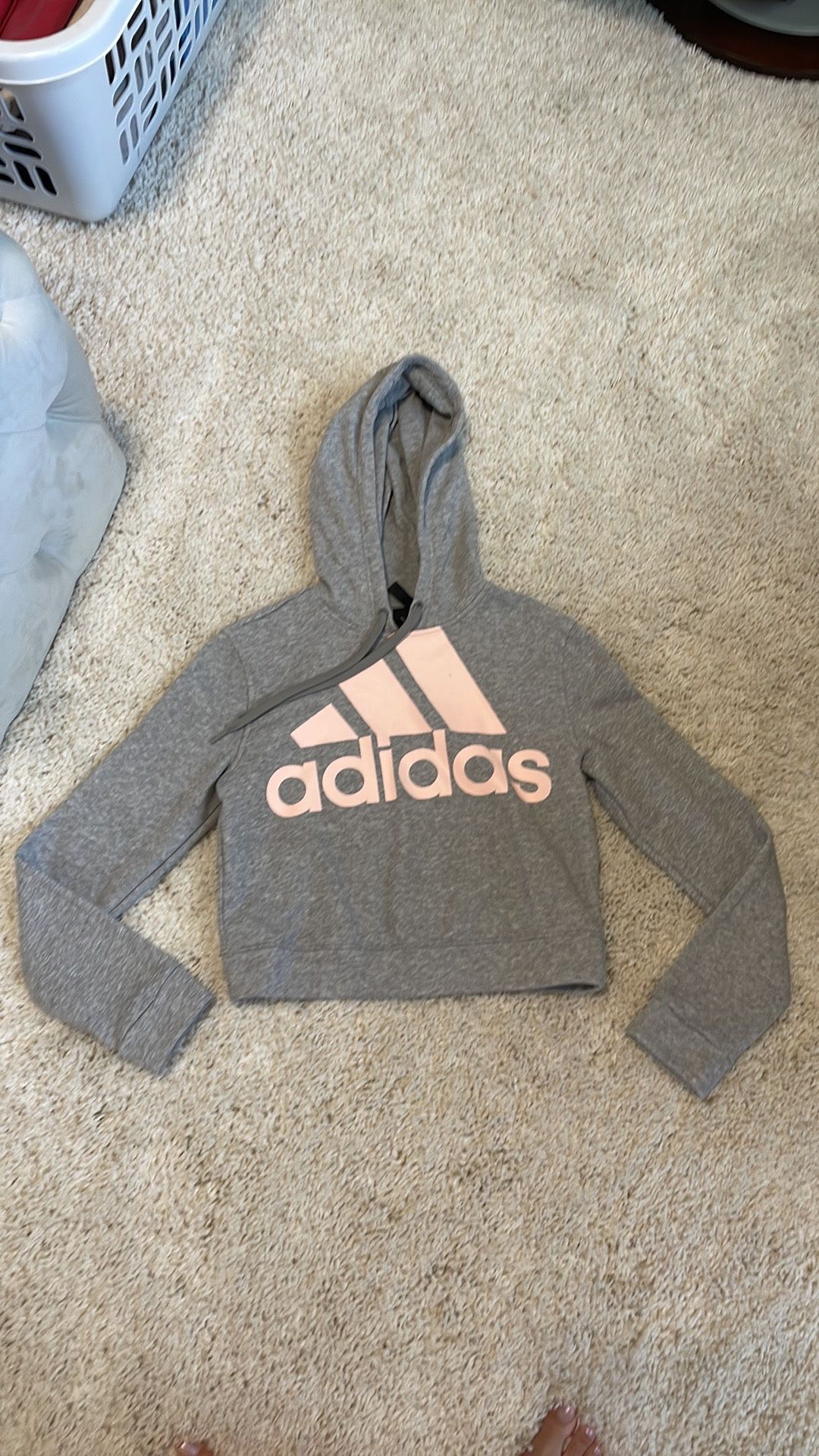 Women’s crop hoodie sweatshirt gray light pink salmon color adidas size small. Worn once no piling. Has a small flaw as shown