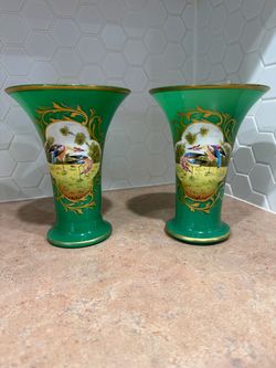 Antique Venetian Green Pair of Porcelain Vase with Bird Scenes