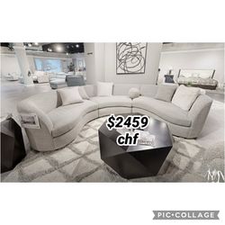 Gray boucle fabric sectional sofa with 9 pillows 