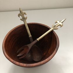 Vintage Wooden Bowl With Serving Spoon And Fork