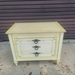 John Widdicomb Nightstand Features A Cream, Yellow and Olive Green Laquer Finish with Original Brass.