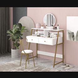 Vanity Table Set with Mirror, USB and Power Outlet (Chair Is NOT Included)