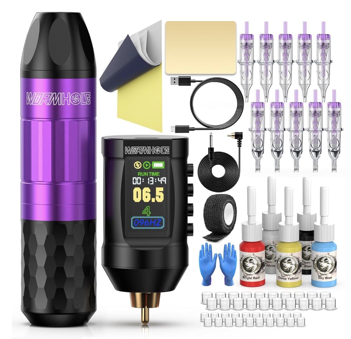 Wormhole Tattoo Gun Kit Wireless Tattoo Machine Kit Complete Tattoo Kit Tattoo Pen Kit Rechargeable Cordless Tattoo Power Supply Portable 1,800mAh