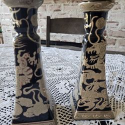 Yi Lin Arts and Treasures Set of 2 Gold Dragons on Black Candle Holders, 9” Tall