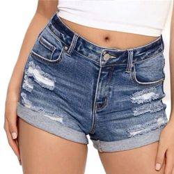 New Mid Rise Medium Wash Roll Cuff Distressed Denim Jean Shorts - Women’s Small