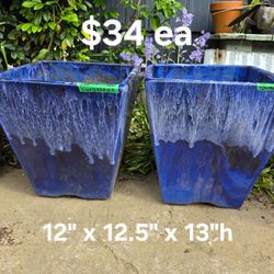 Pair of square top blue ceramic plant pots with hole. $34 ea.
12" x 12.5" x 13"h