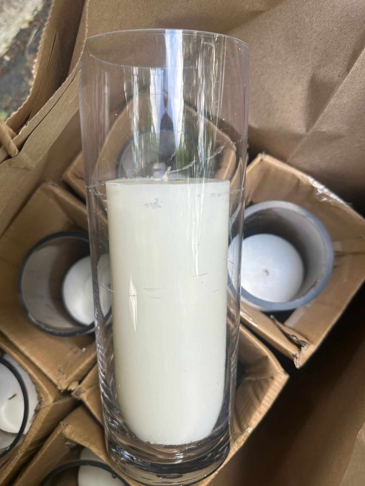 6 - 3x6” White Candles And Hurricane Glass