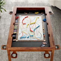 Solid Wood Board Game Table for 4-6 Players, 64.96"x38.39" Recessed Gaming Table Top, Removable Dining Top, Detachable Cup Holders, Convertible Game/D