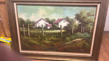 Framed Oil Painting Rural Farmhouse Landscape