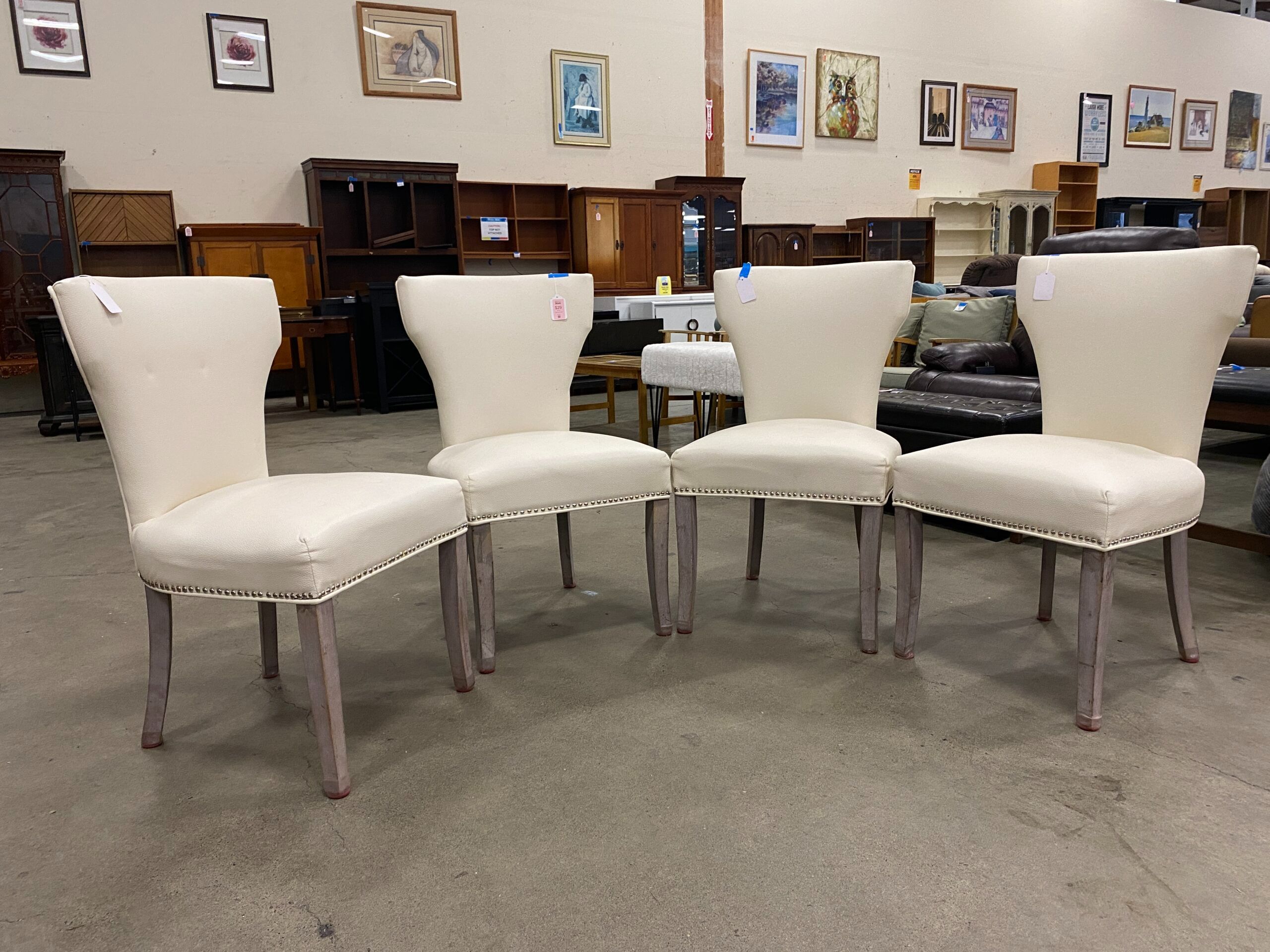 White Leather Dining Chairs with Ikat Upholstery and Nailhead Details (set of 4)
