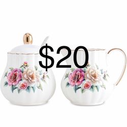 Ceramic Sugar and Creamer Set, 3 Piece Set with Cream Pitcher, Sugar Bowl, Spoon (Camellia)
