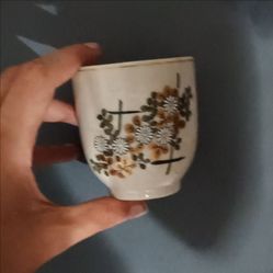 Ceramic Cup Floral Pattern Glossy Finish Painted Backstamp White Green