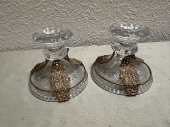 Pair Antique Hollywood Regency 24k Gold Plated Filigree Glass Candle Holders