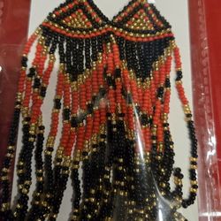 Handmade Beaded Red Black Long Dangle Fashion Earrings 