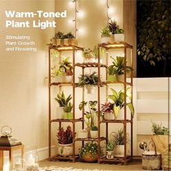 Bamworld Plant Stand with Grow Light Plant Shelf for Mutiple Pots Large Plant Holder for Living Room Patio Boho Home Decor for Gardening Warm Light 