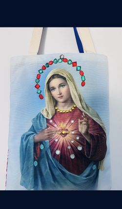 Multi-color Mary tote bag with gold accents and bandana side. streetwear, festival vibes, Catholic, Boho Religious Bag Pick Up Only 
